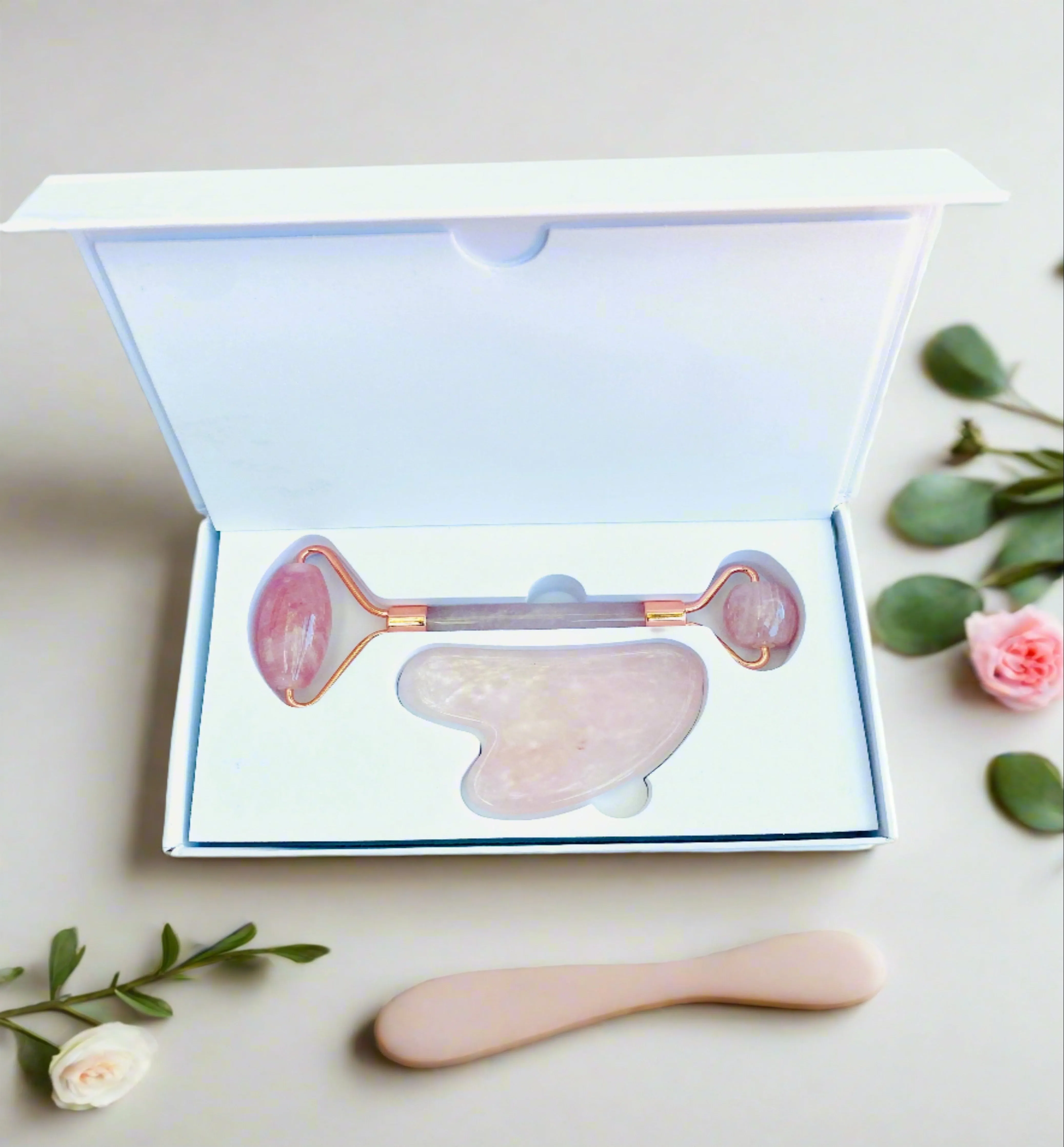 Rose Quartz Roller and Gua Sha Stone Set